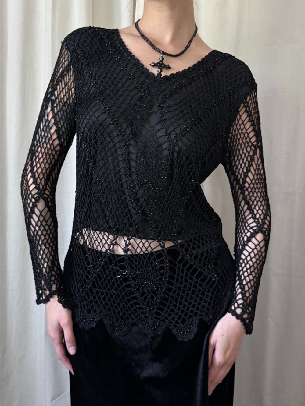 Y2K Black Crochet Mesh Top with Beaded Details Women's Size Medium | Goth Witchy
